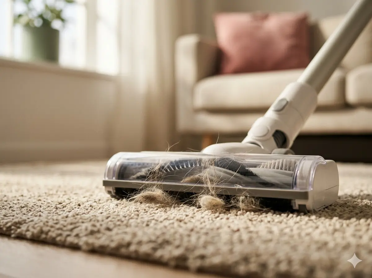 A cordless vacuum brush head pulling visible pet hair from a medium-pile area rug in warm window light