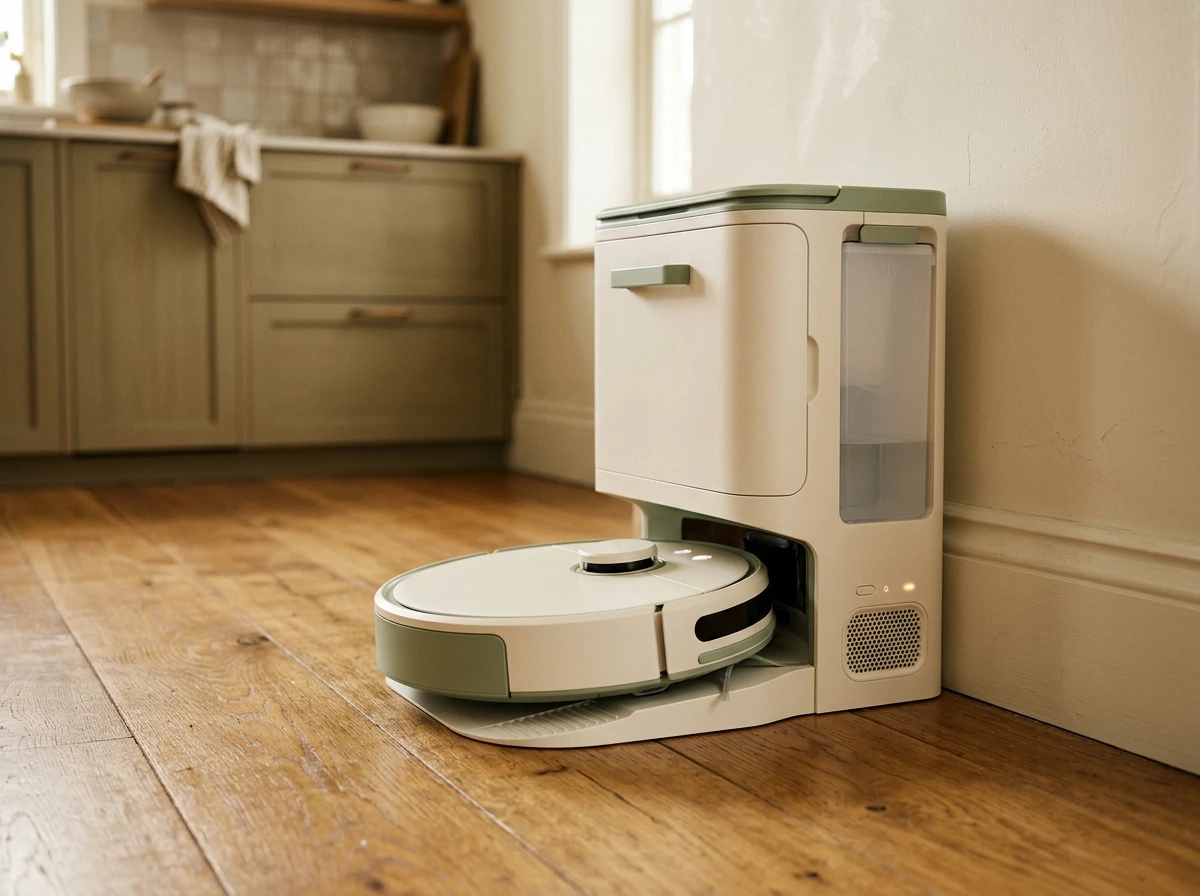 A robot vacuum docked at its base station with mop pads attached, warm light from a nearby window