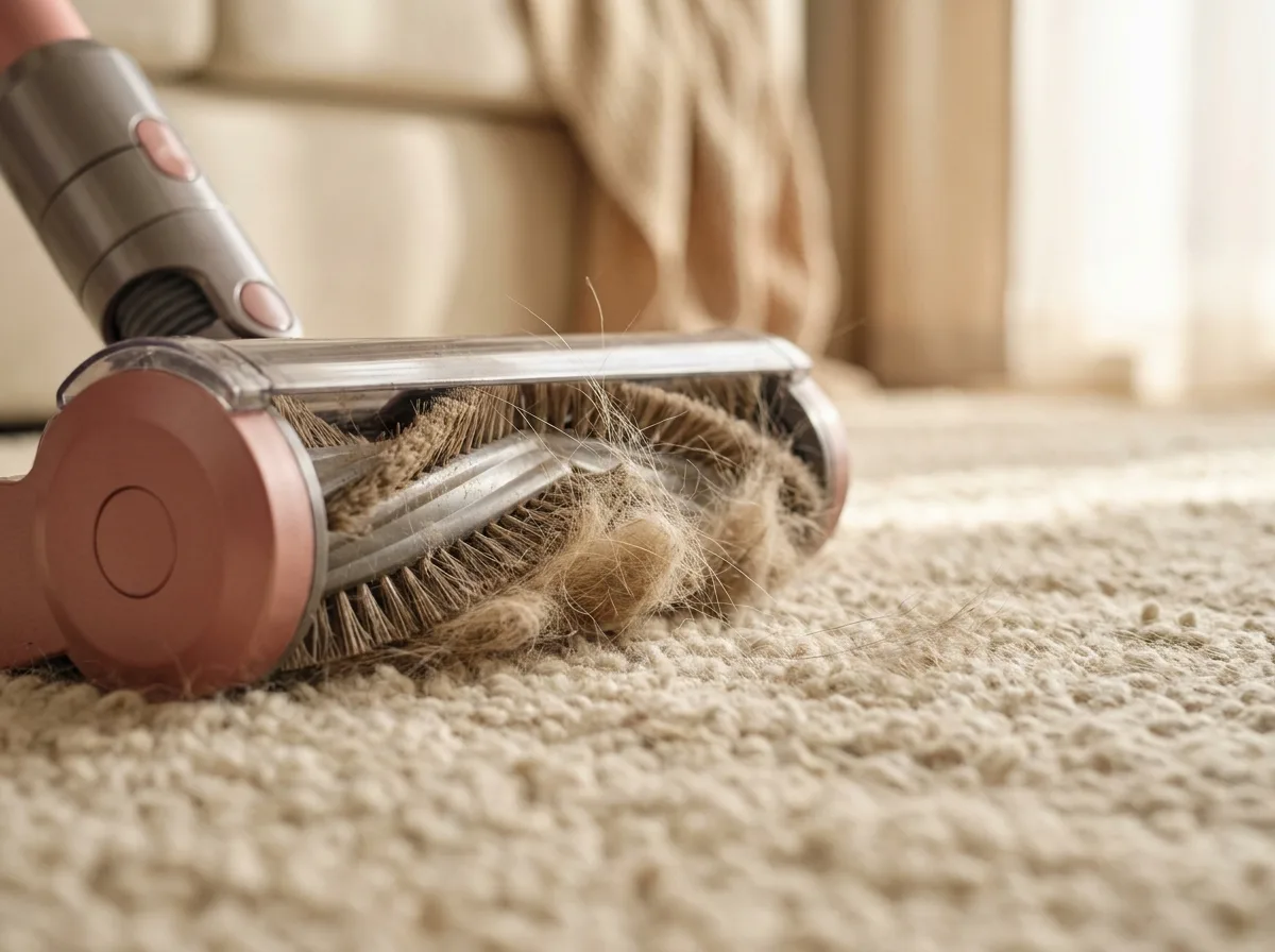 Close-up of a robot vacuum brush head lifting pet hair from a beige medium-pile rug