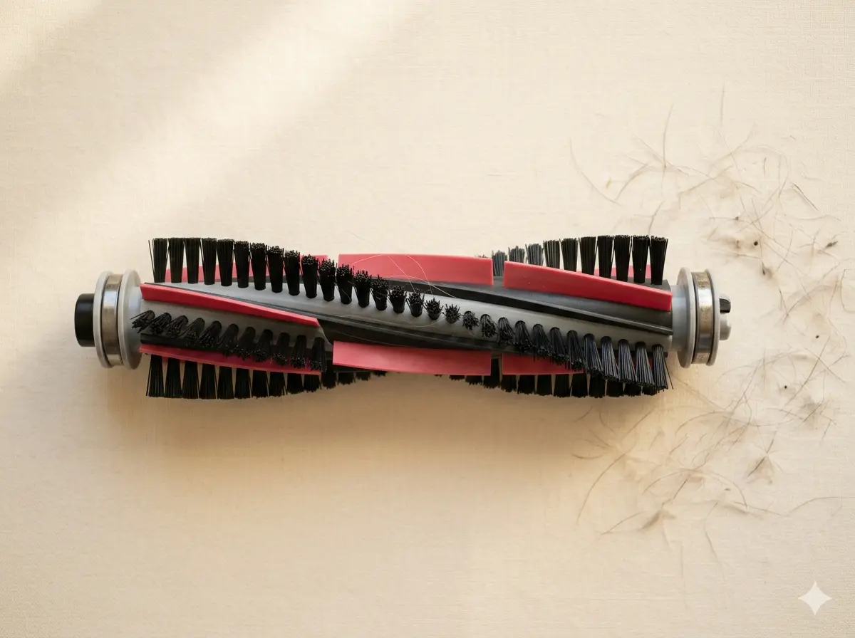 Close-up of robot vacuum brush roll showing clean, tangle-free bristles after cleaning a pet hair test area