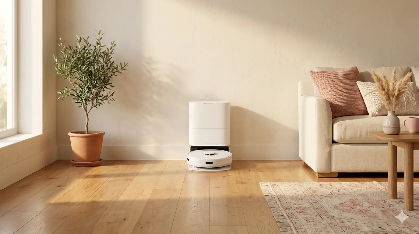 Self-emptying robot vacuum dock on hardwood floor in a bright, lived-in living room with natural light
