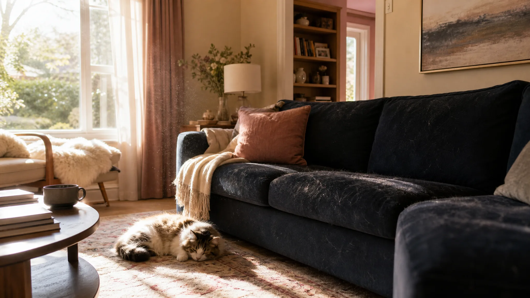 A sunlit living room with pet hair visible on a navy sofa and a rug, a cat sleeping nearby, morning light streaming through a window