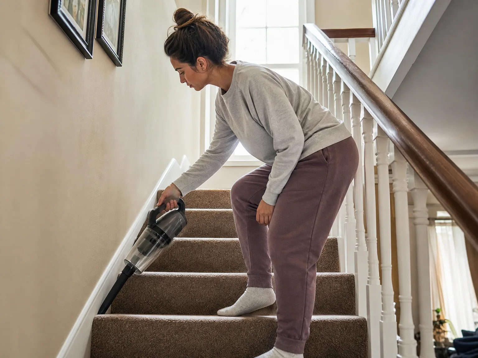A woman in her early thirties using a handheld vacuum on a set of carpeted stairs in a sunlit home, casual and candid, warm cream walls