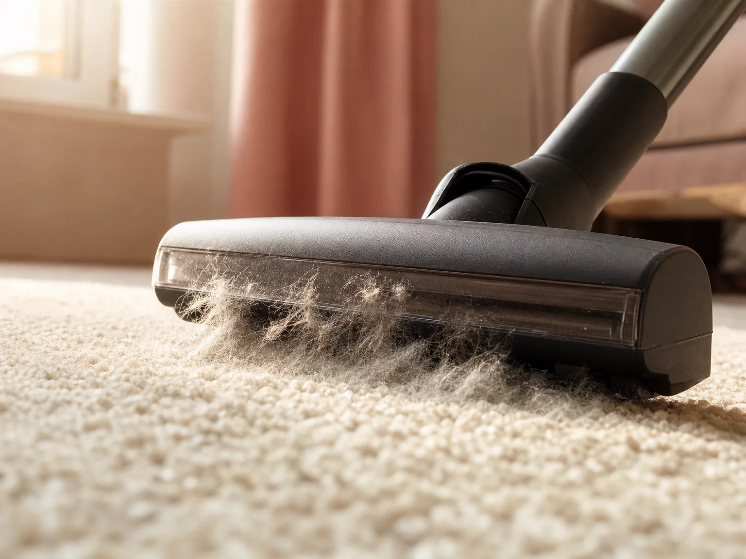Close-up of a vacuum brush head lifting visible cat hair from a beige area rug, shallow depth of field, warm window light