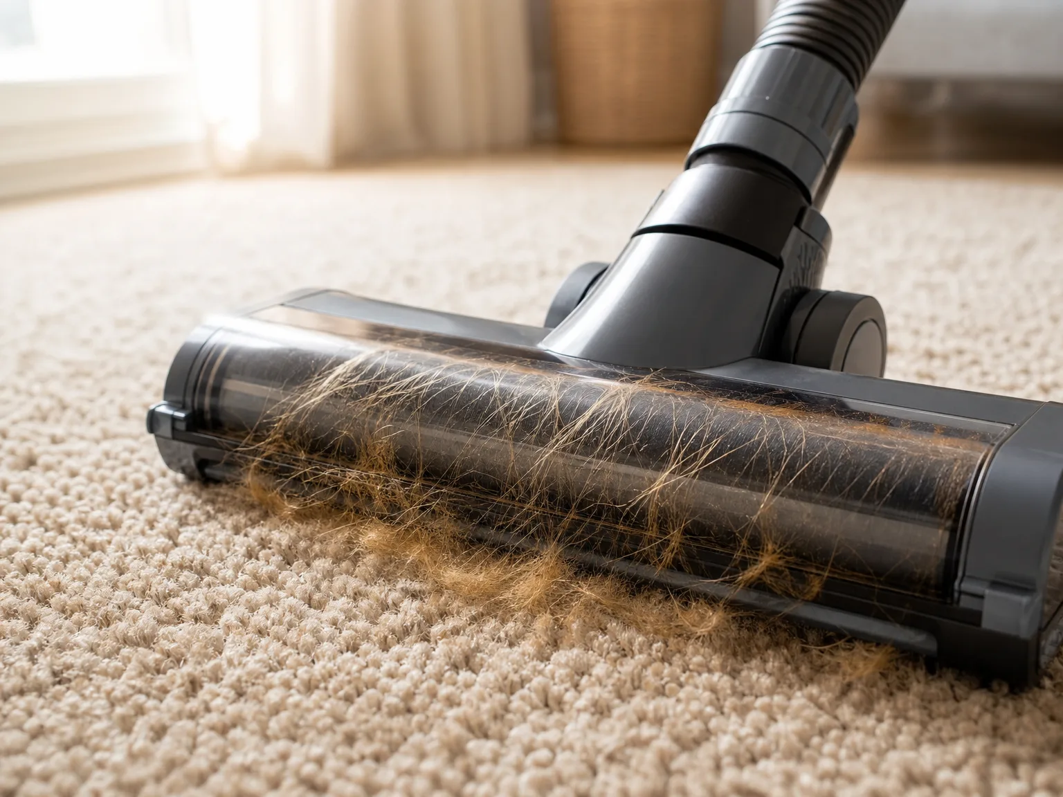 Close-up of a vacuum brush head pulling visible pet hair from a beige medium-pile carpet, side angle, warm natural light