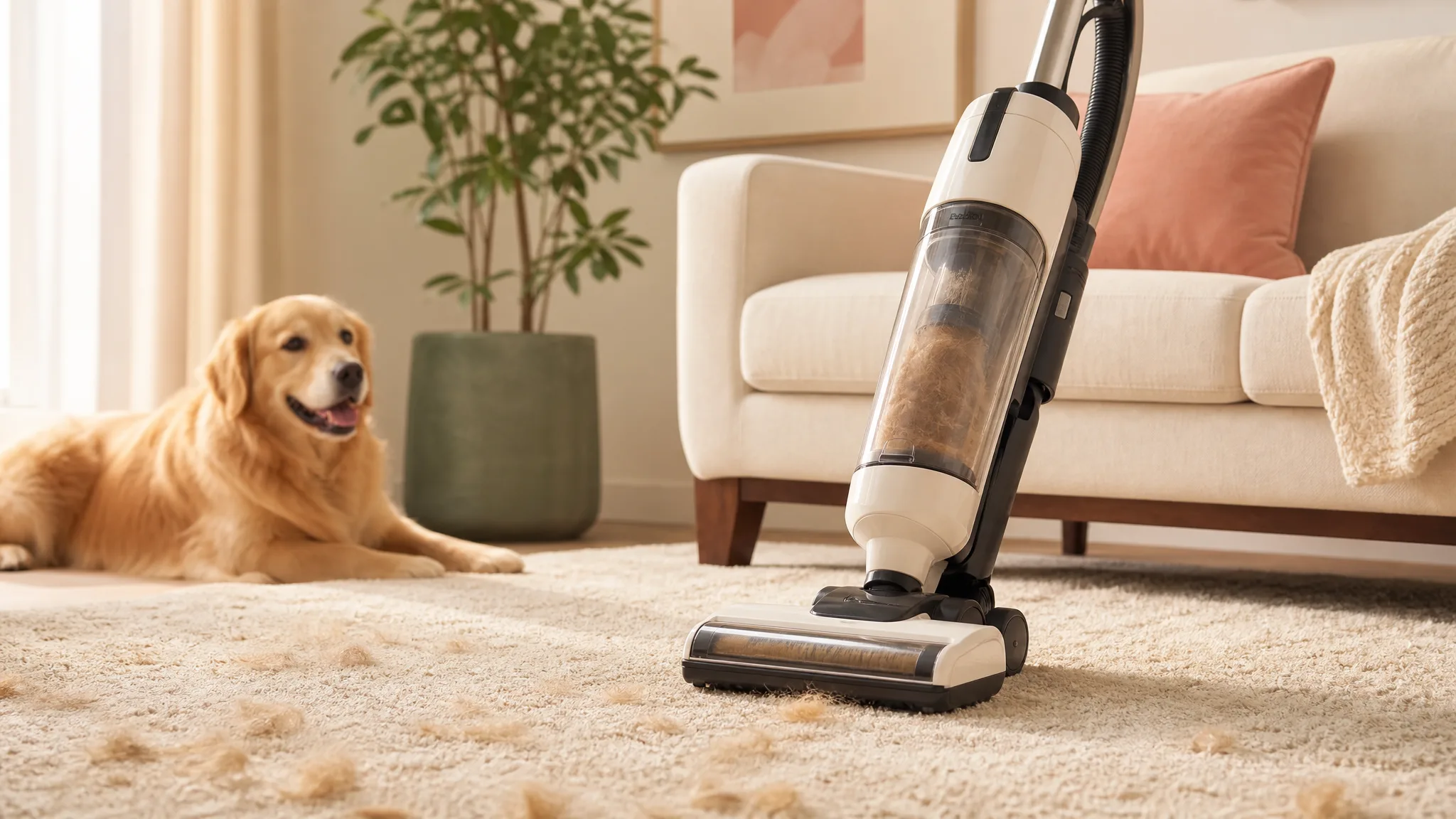 Upright vacuum on a pet-hair covered rug in a bright modern living room, warm sunlit interior