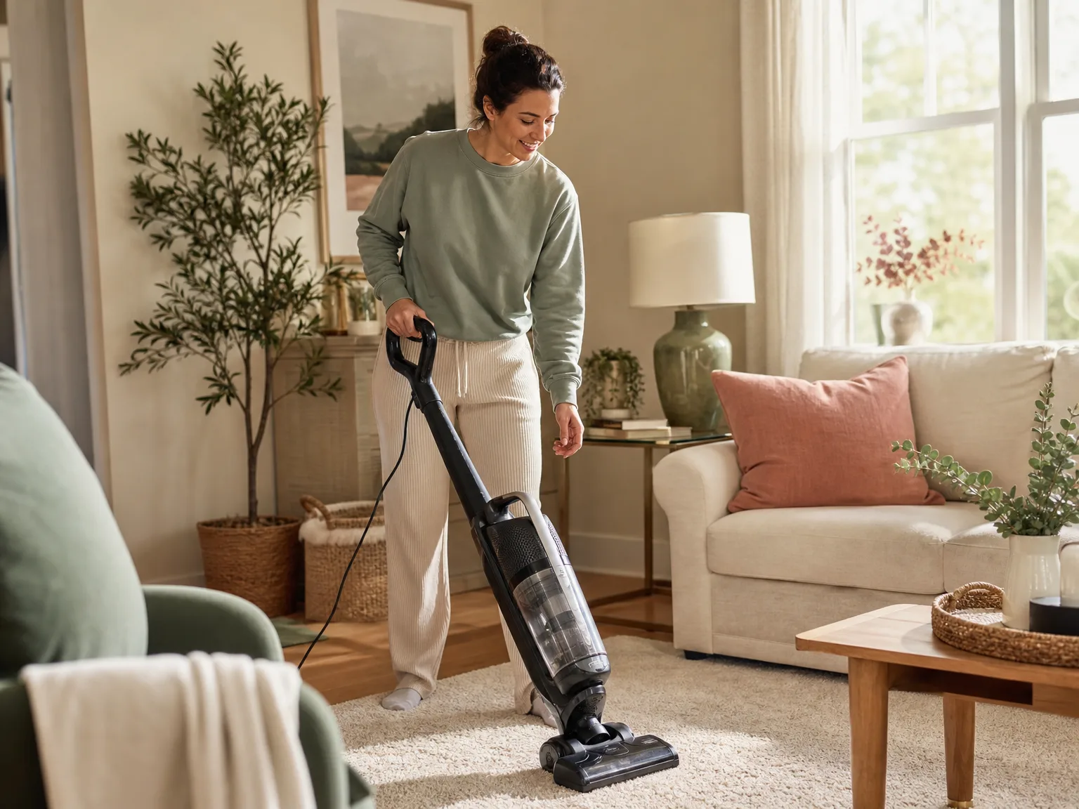 Woman in her early thirties using an upright vacuum on a rug in a warm sunlit living room, pet hair visible, natural expression, not posed