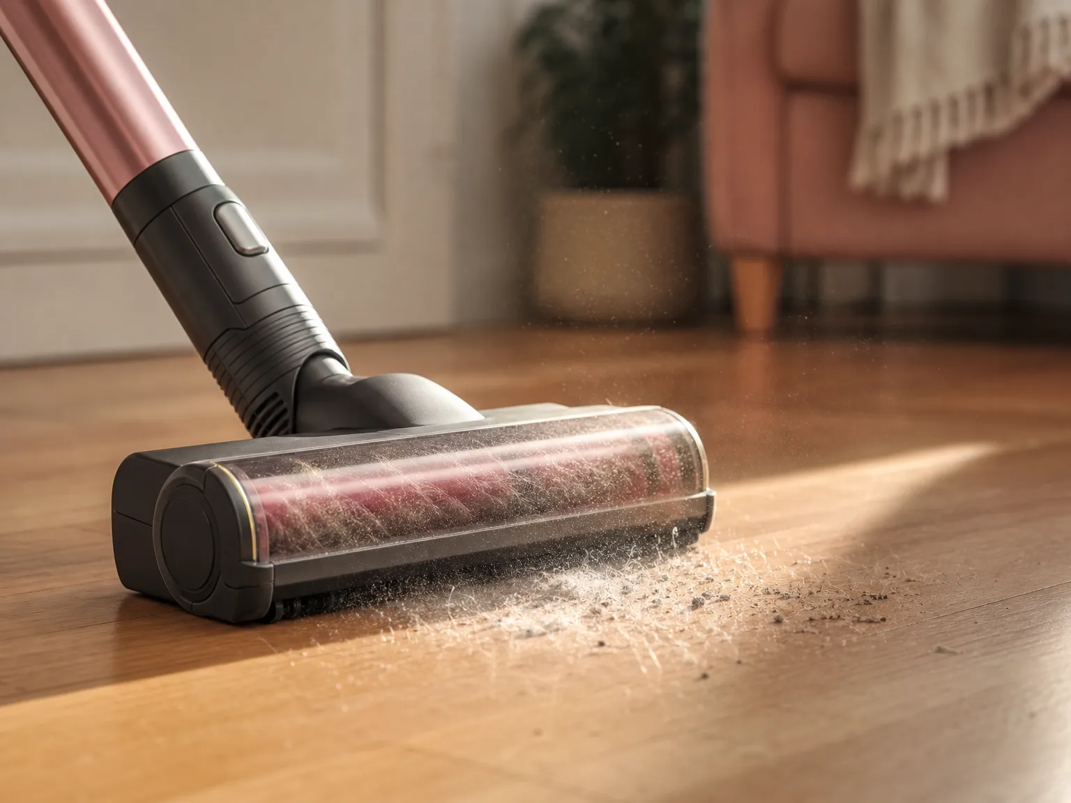 Close-up of a vacuum brush head lifting visible dust and pet hair from hardwood floor, warm light catching the debris particles