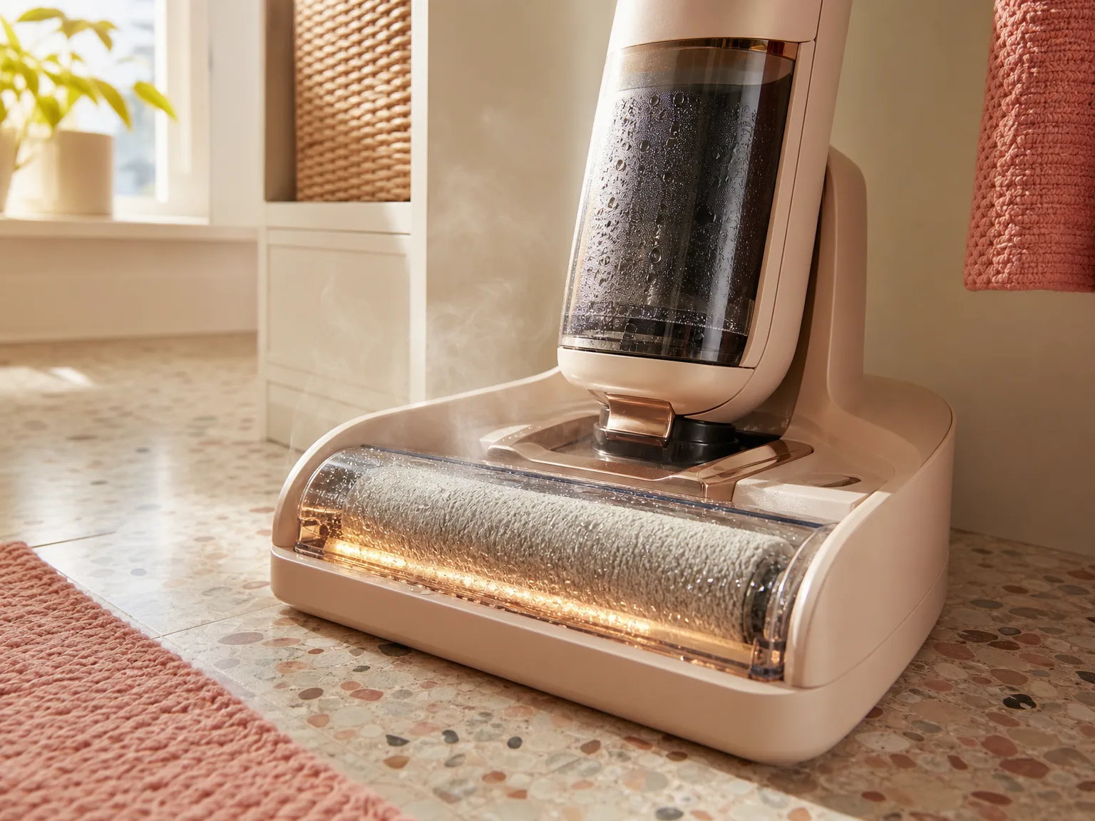 A close-up of a wet dry vacuum self-cleaning dock with the brush roller spinning, warm morning light through a window