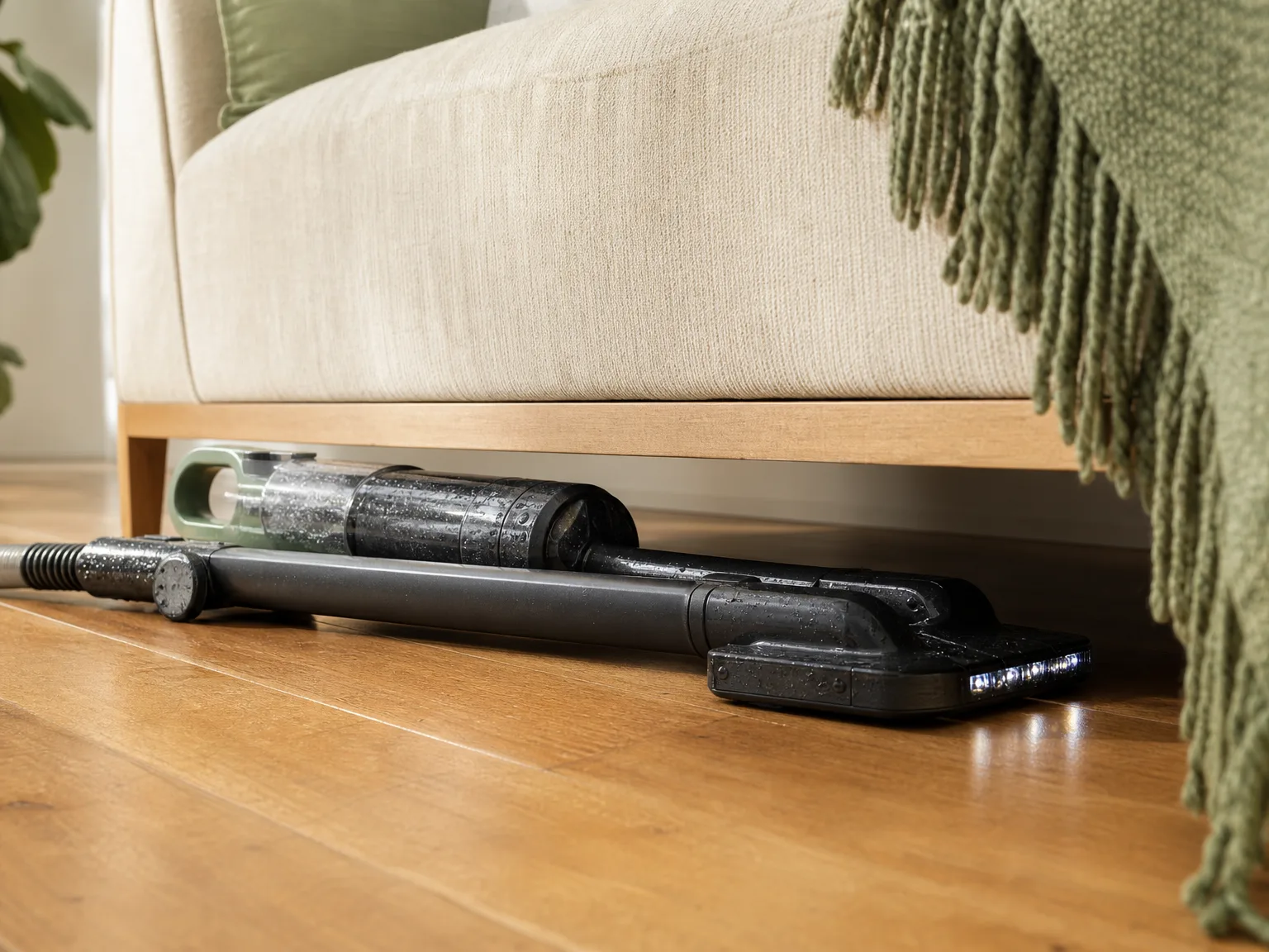 A wet dry vacuum cleaner reaching flat under a low sofa to clean hidden dust on a warm hardwood floor in natural window light