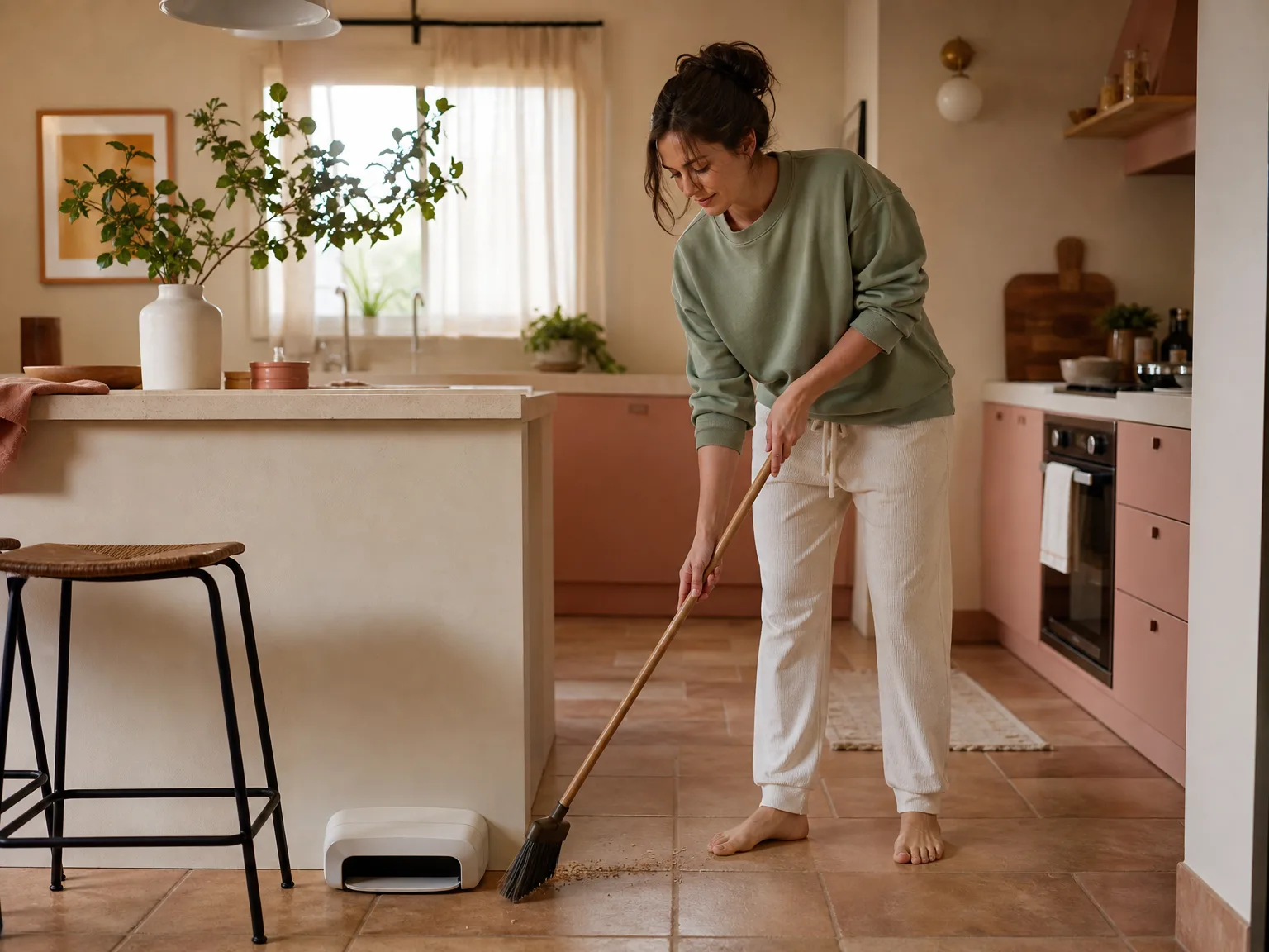 A woman sweeping kitchen crumbs toward the AIRTHEREAL T1 automatic dustpan on a tile floor in a sunlit kitchen