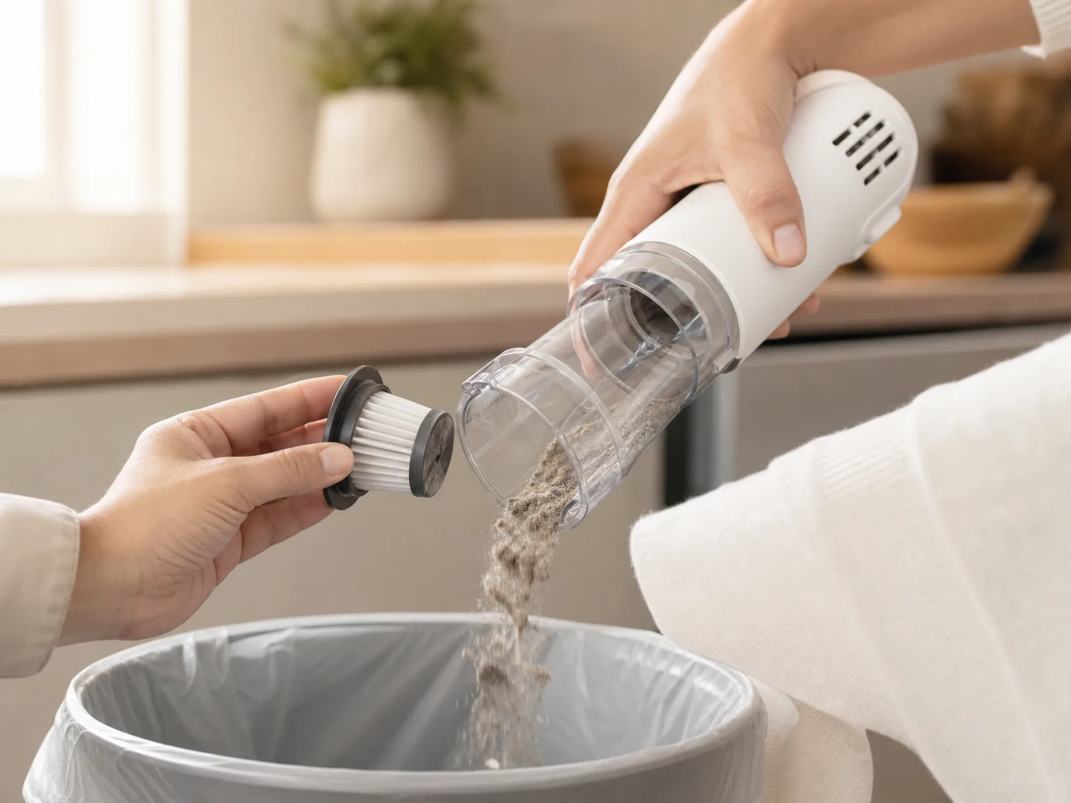 Close-up of the Antaha handheld vacuum dust cup being emptied with one-button release, warm cream palette, soft natural light