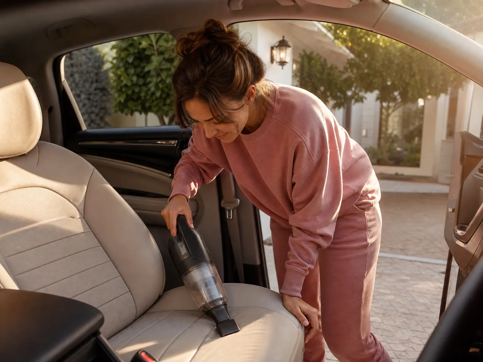 Woman holding a small cordless handheld vacuum while cleaning a car seat, warm natural light in a driveway, candid lifestyle photography