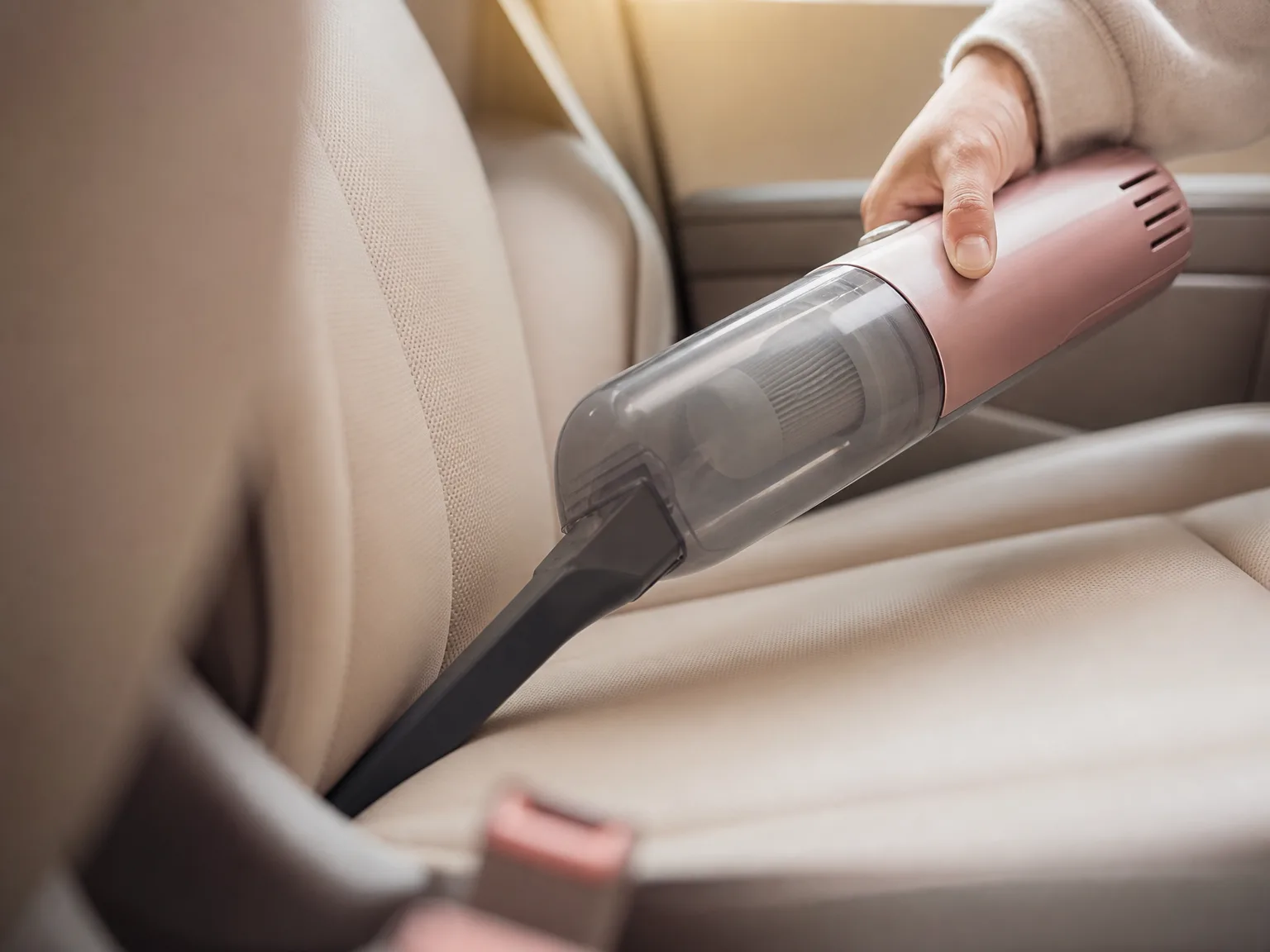 Close-up of a cordless handheld vacuum nozzle reaching into a narrow gap between car seats, warm interior light