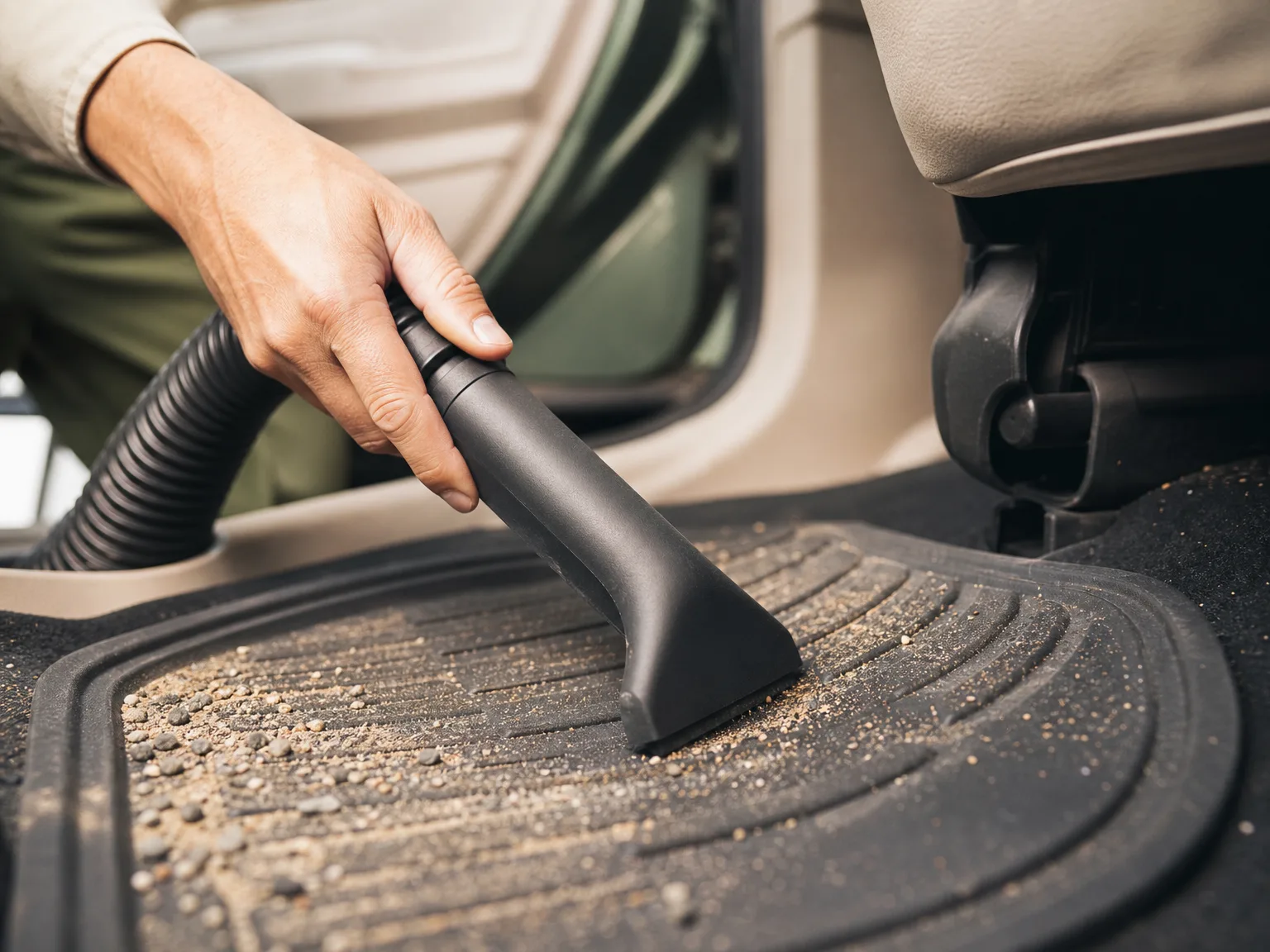 Close-up of a compact wet-dry vacuum hose and nozzle clearing sand from a car floor mat in warm window light