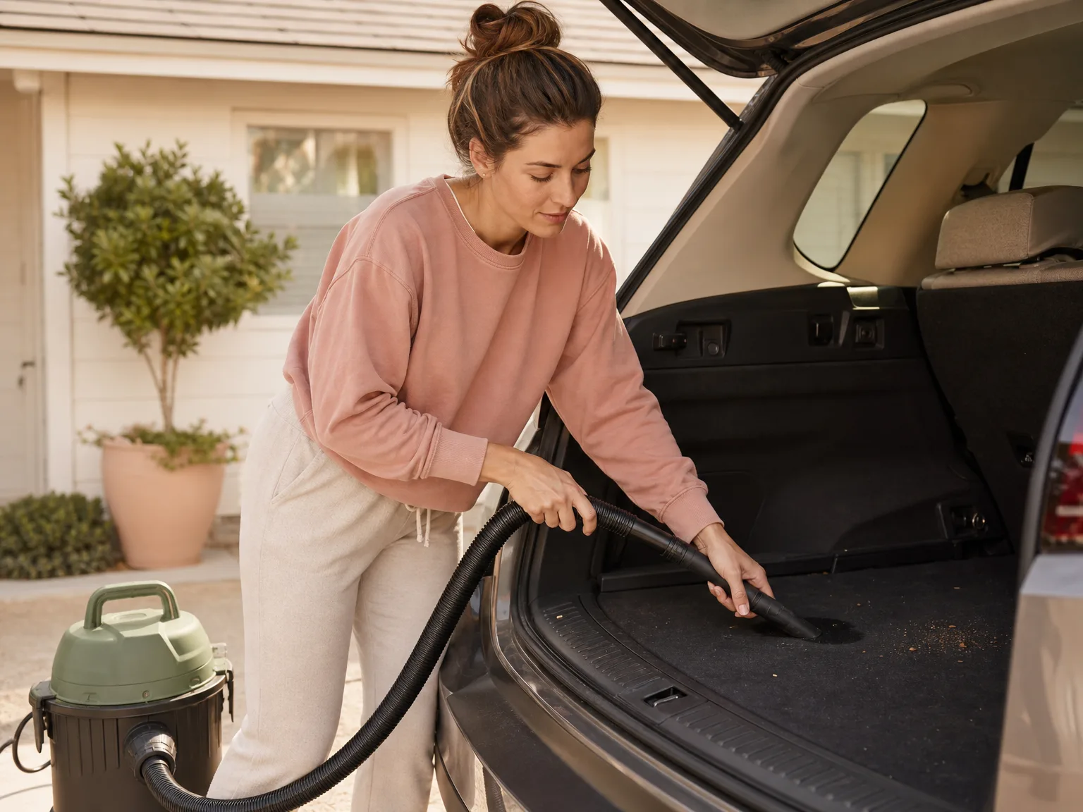 Woman in casual clothes using a compact wet-dry vac on a car trunk spill in a sunlit driveway