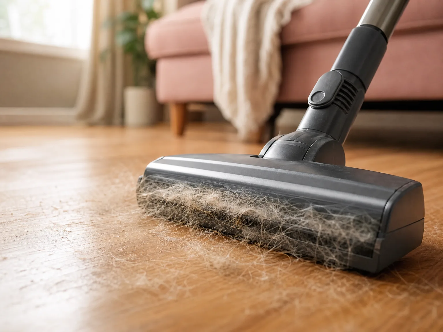Close-up of a canister vacuum floor tool lifting pet hair from a hardwood floor