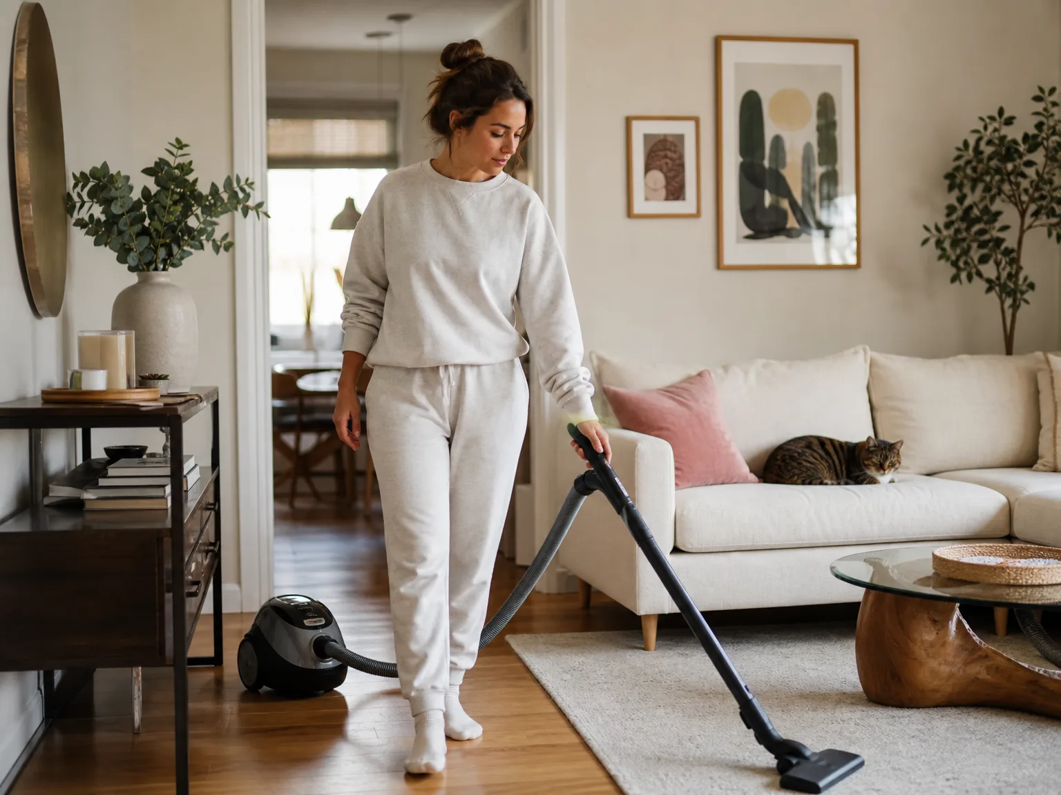 Woman pulling a canister vacuum by its hose across a hardwood floor near a low-pile rug, with a cat resting nearby