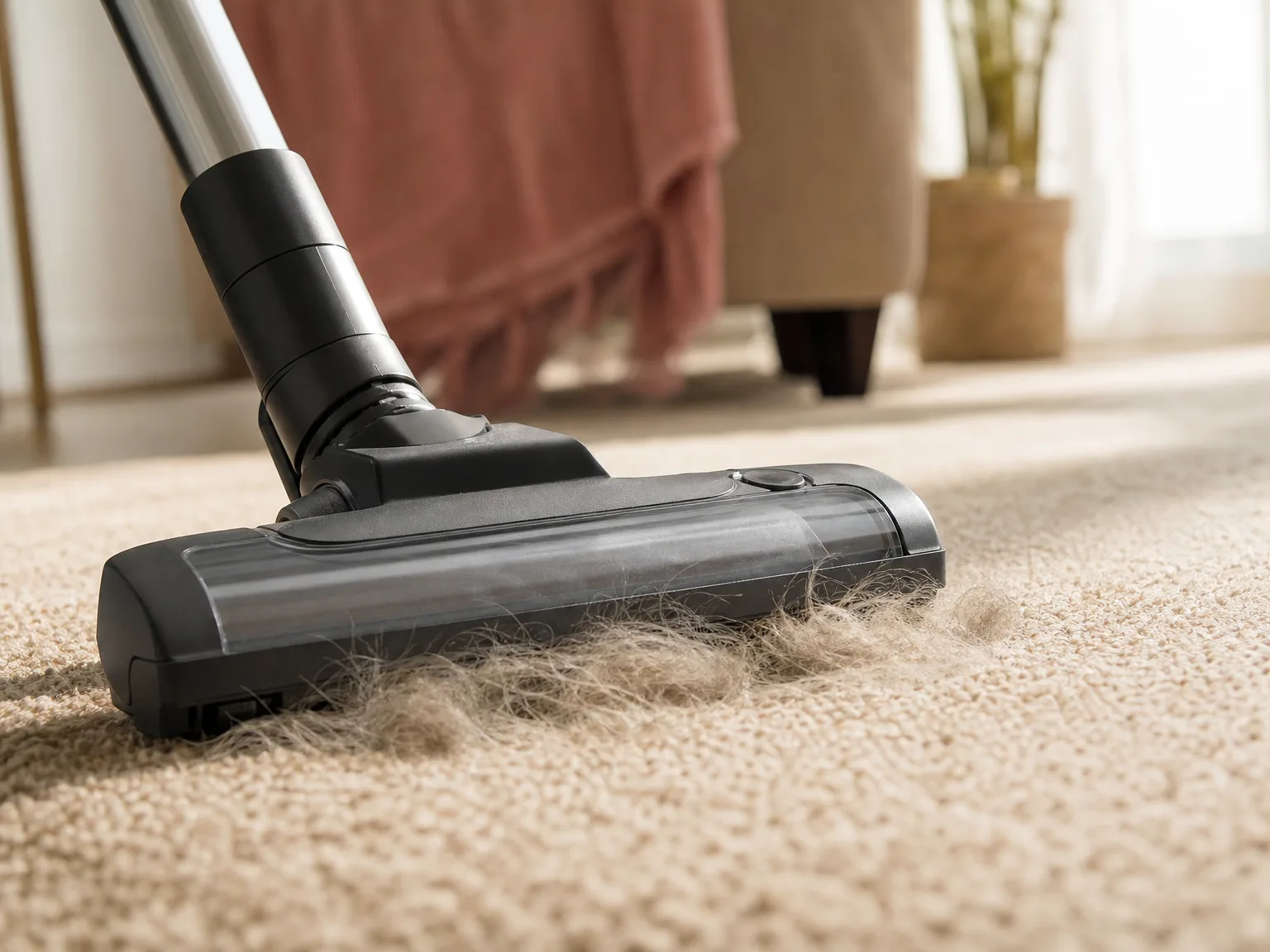 Close-up of the canister vacuum brush head lifting embedded pet hair from a beige carpet, shallow depth of field, warm natural light