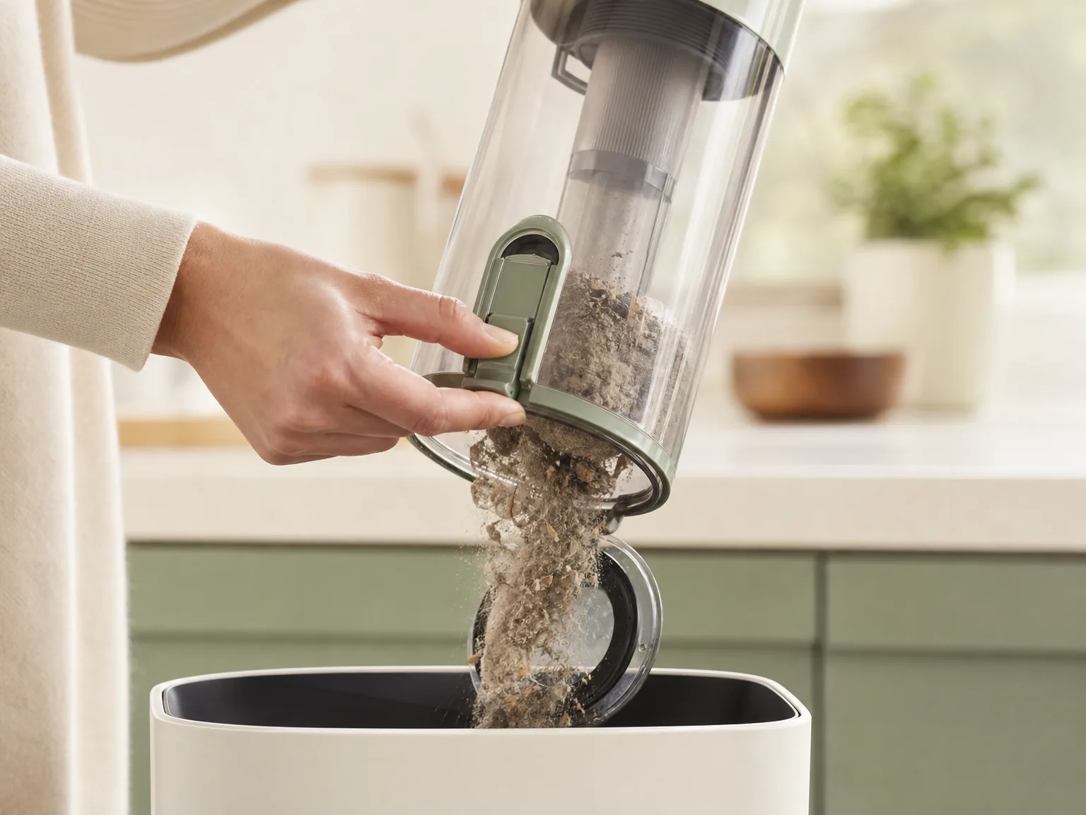 Close-up of the Aspiron dust bin bottom-release mechanism and clear casing for seeing debris level