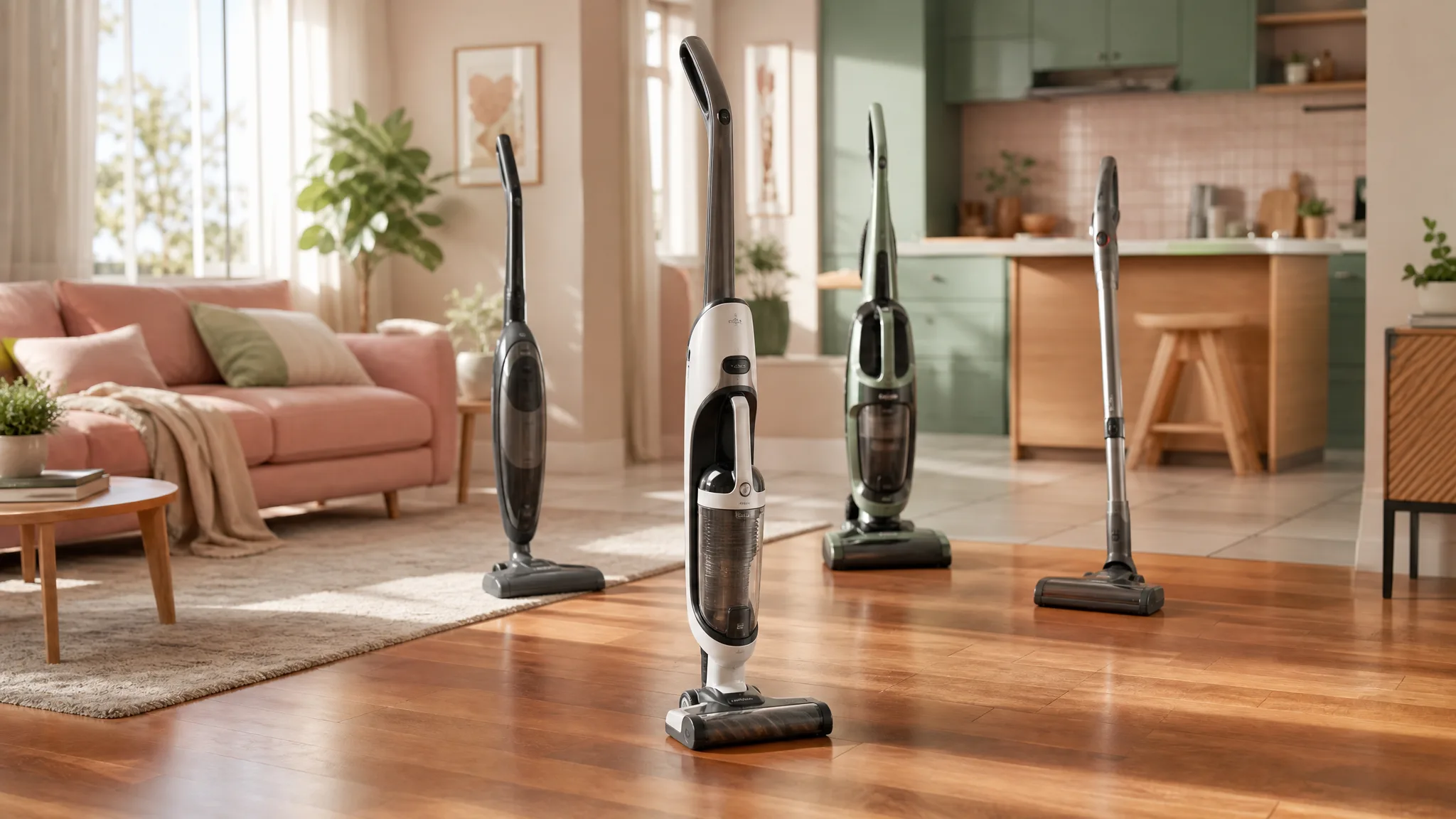 Stick and upright vacuums resting on sunlit oak hardwood in a warm cream living room