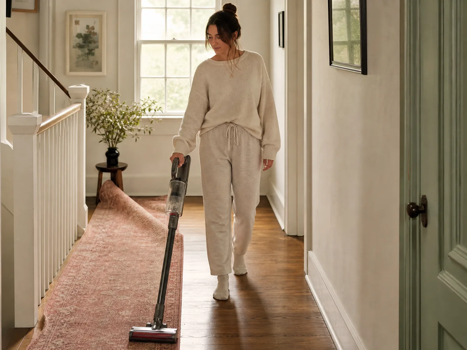 Woman gliding a lightweight stick vacuum across oak hardwood in a sunlit hallway