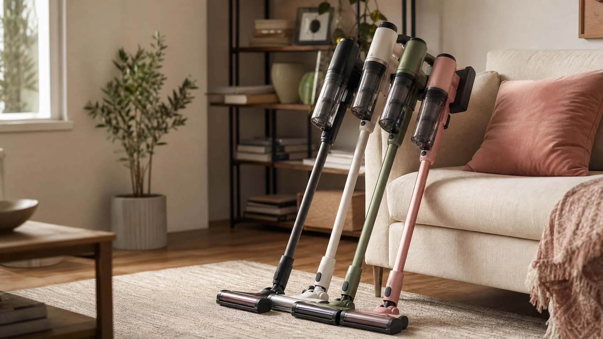 Five budget cordless stick vacuums standing on a warm cream hardwood floor in a sunlit living room