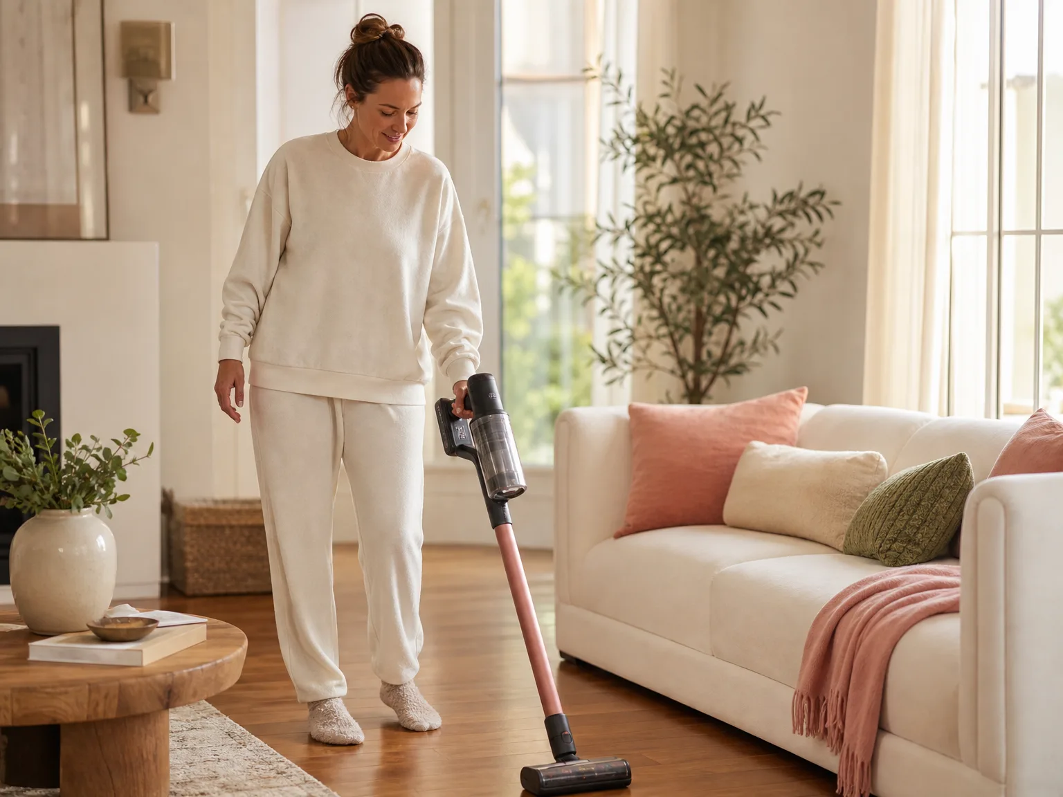 A woman in her early thirties doing a quick cordless vacuum pass across a hardwood floor in a bright, lived-in living room