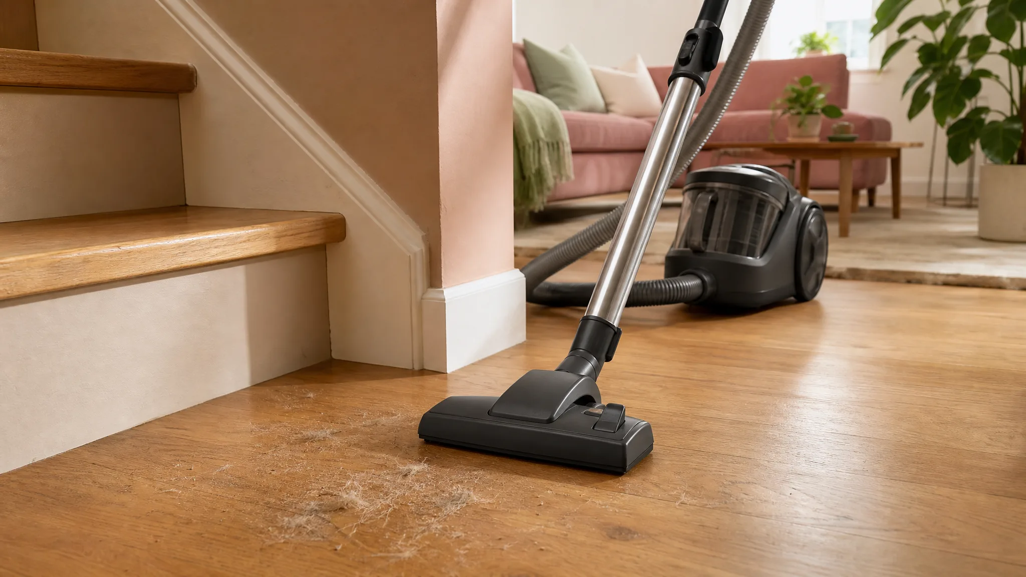 A canister vacuum hose cleaning warm hardwood at the base of a sunlit staircase