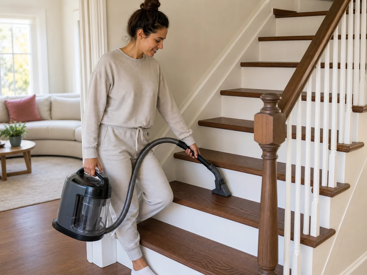 A woman carrying a compact canister vacuum while cleaning hardwood stairs in a bright home