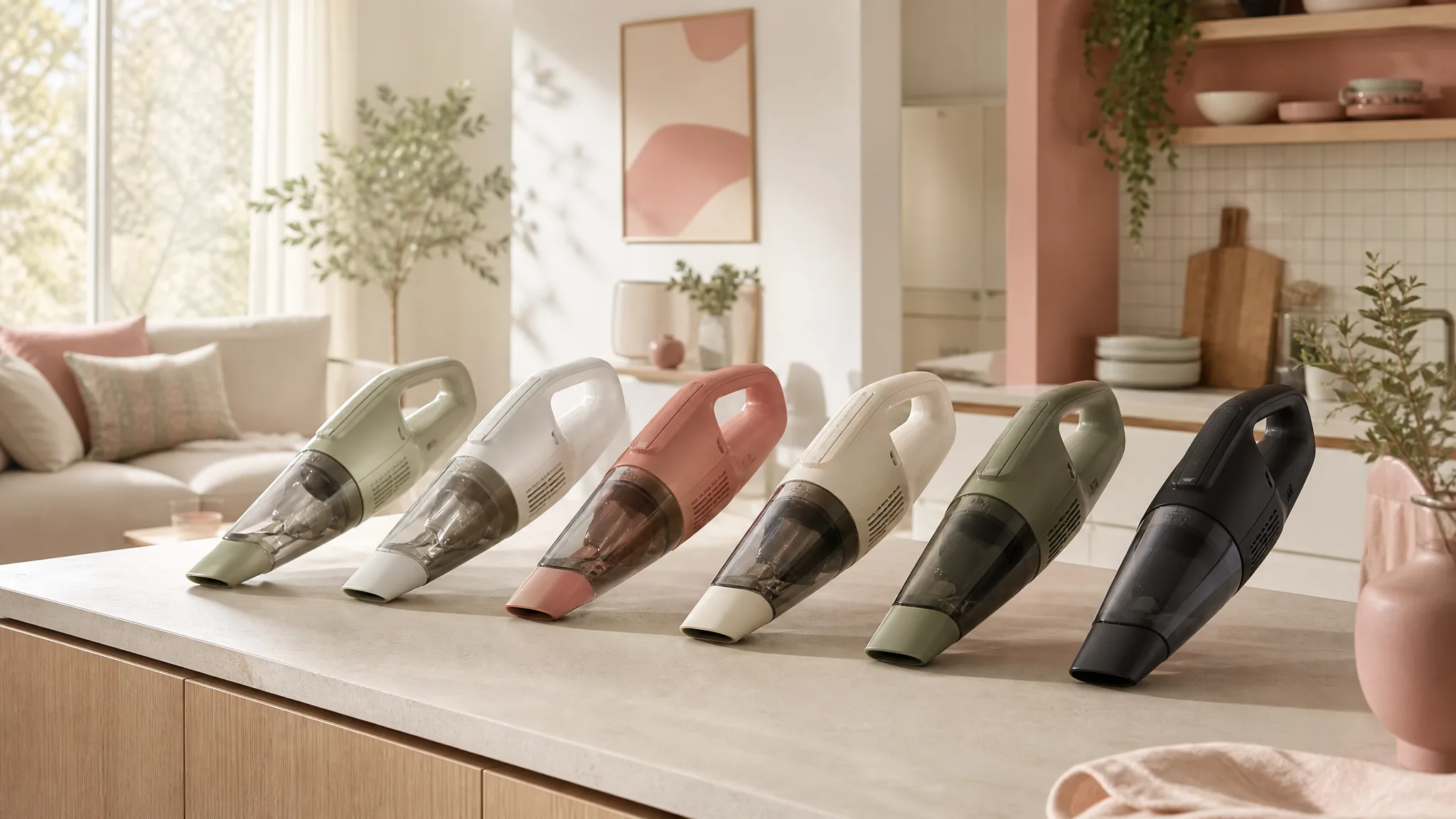 A row of cordless handheld vacuums lined up on a kitchen counter in a sunlit modern home