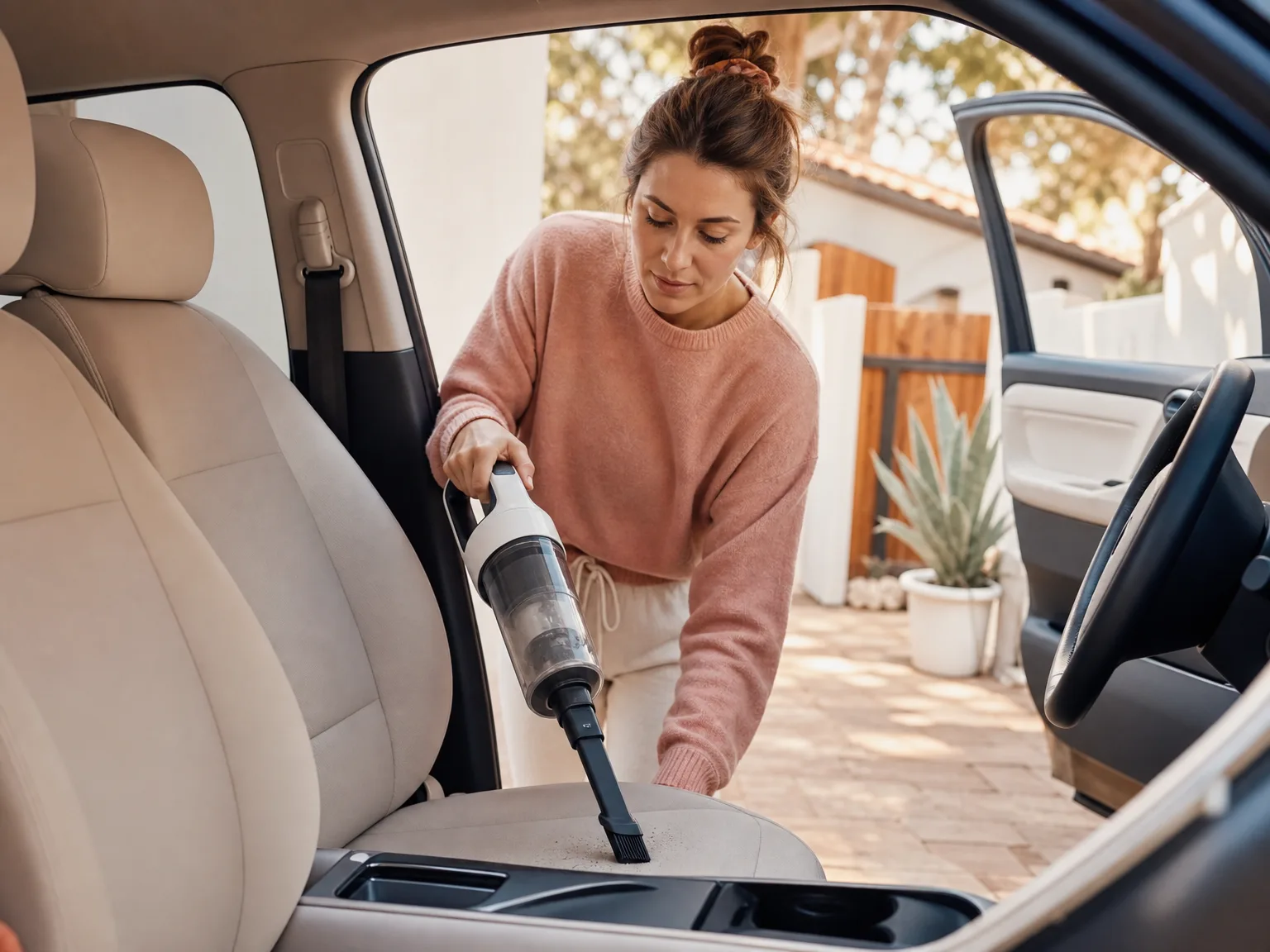 A woman using a lightweight cordless handheld vacuum on a car seat in a sunlit driveway