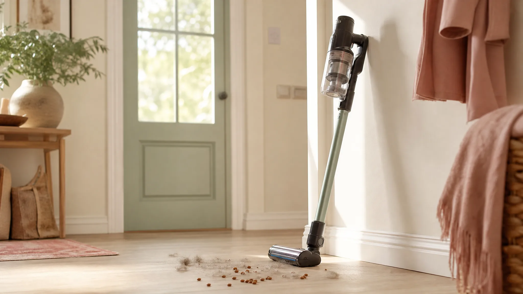 A row of cordless stick vacuums standing upright on warm cream hardwood in a sunlit living room