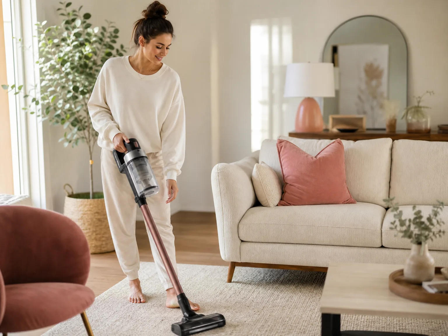 A woman in her early thirties running a cordless stick vacuum across a low-pile rug in a bright living room