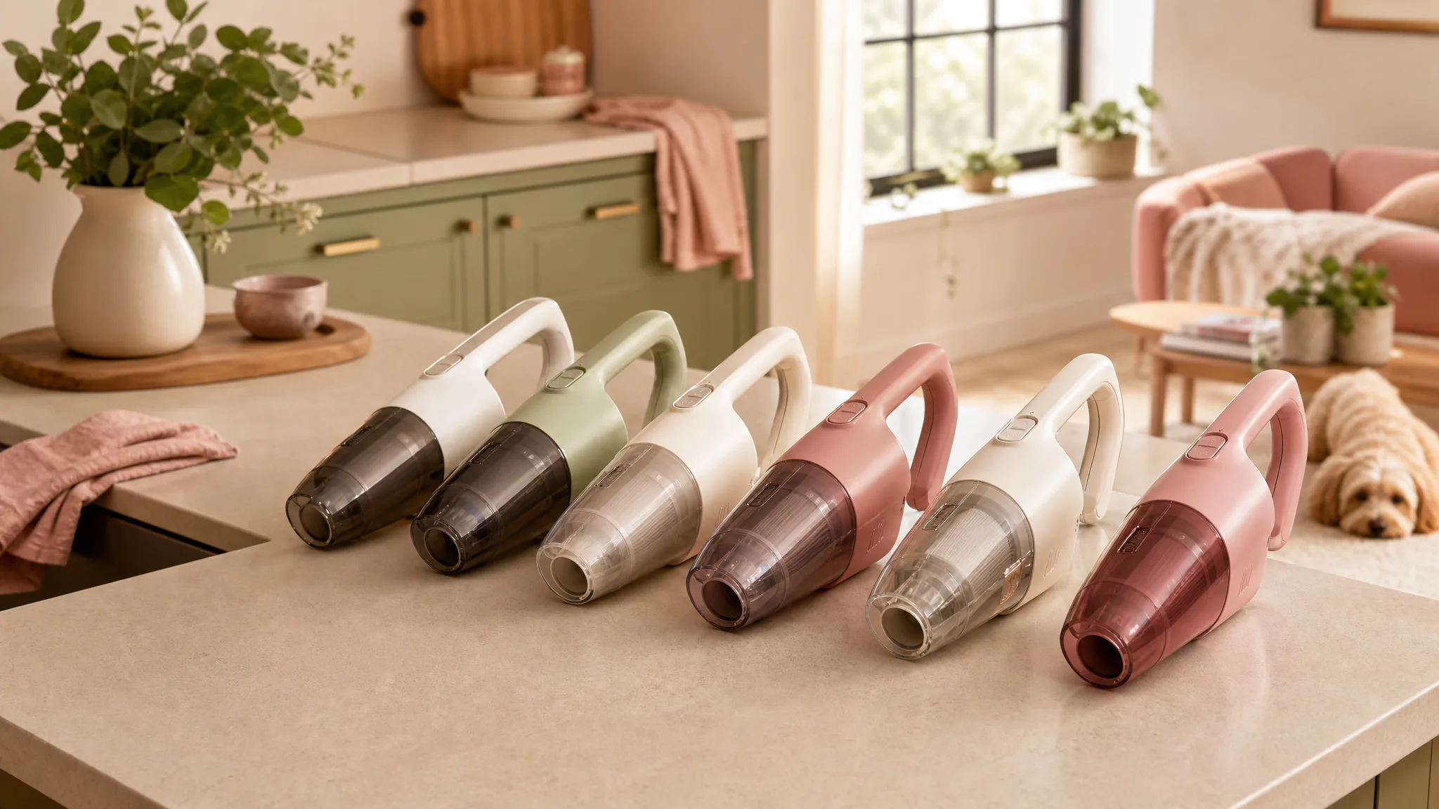 Six cordless handheld vacuums lined up on a kitchen counter with pet hair samples nearby