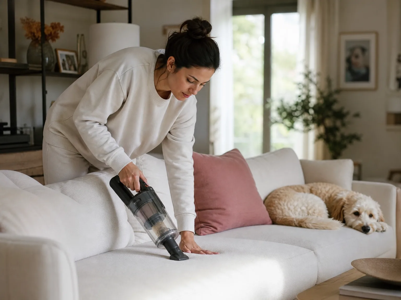 A woman vacuuming pet hair off a fabric couch cushion with a cordless handheld vacuum