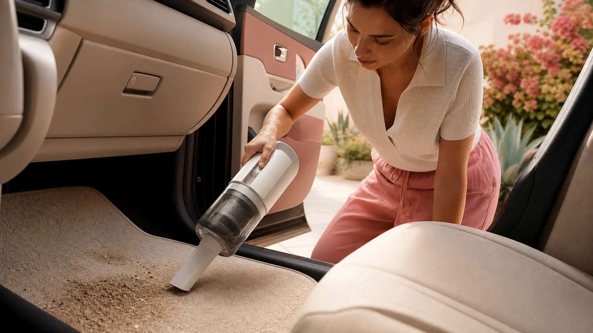 Cordless handheld vacuum clearing sand from a sunlit car floor mat with the door open