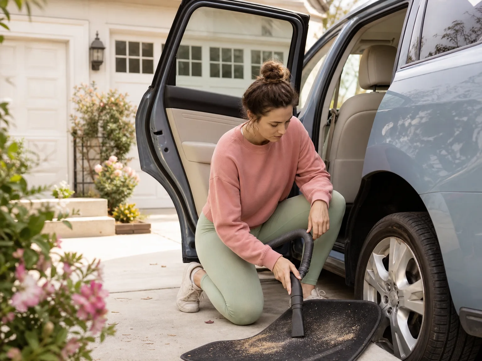 Woman in her thirties vacuuming sand from car floor mats in a sunlit driveway