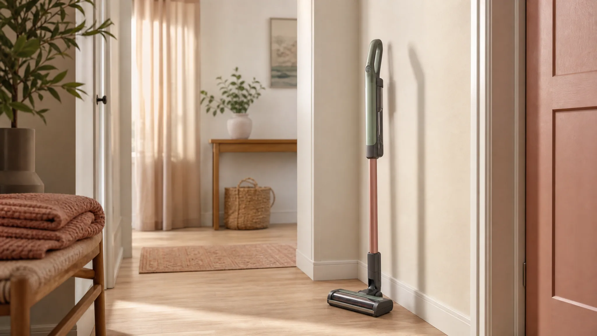 Five lightweight cordless stick vacuums standing upright on warm cream hardwood in a sunlit apartment living room