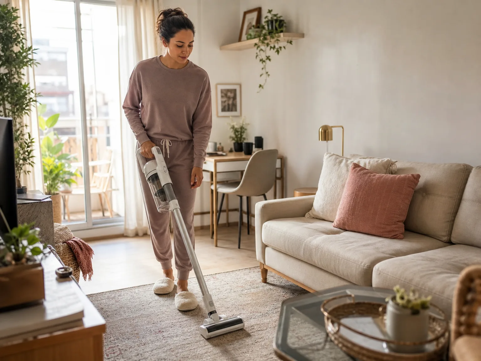 A woman in her early thirties doing a quick cordless vacuum pass over a low-pile rug in a bright, tidy apartment