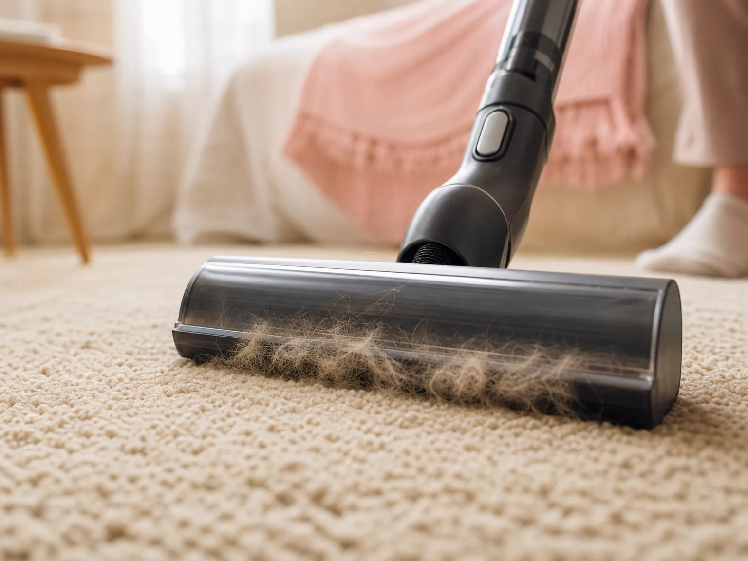 Close-up of a vacuum brush head lifting pet hair from a beige rug