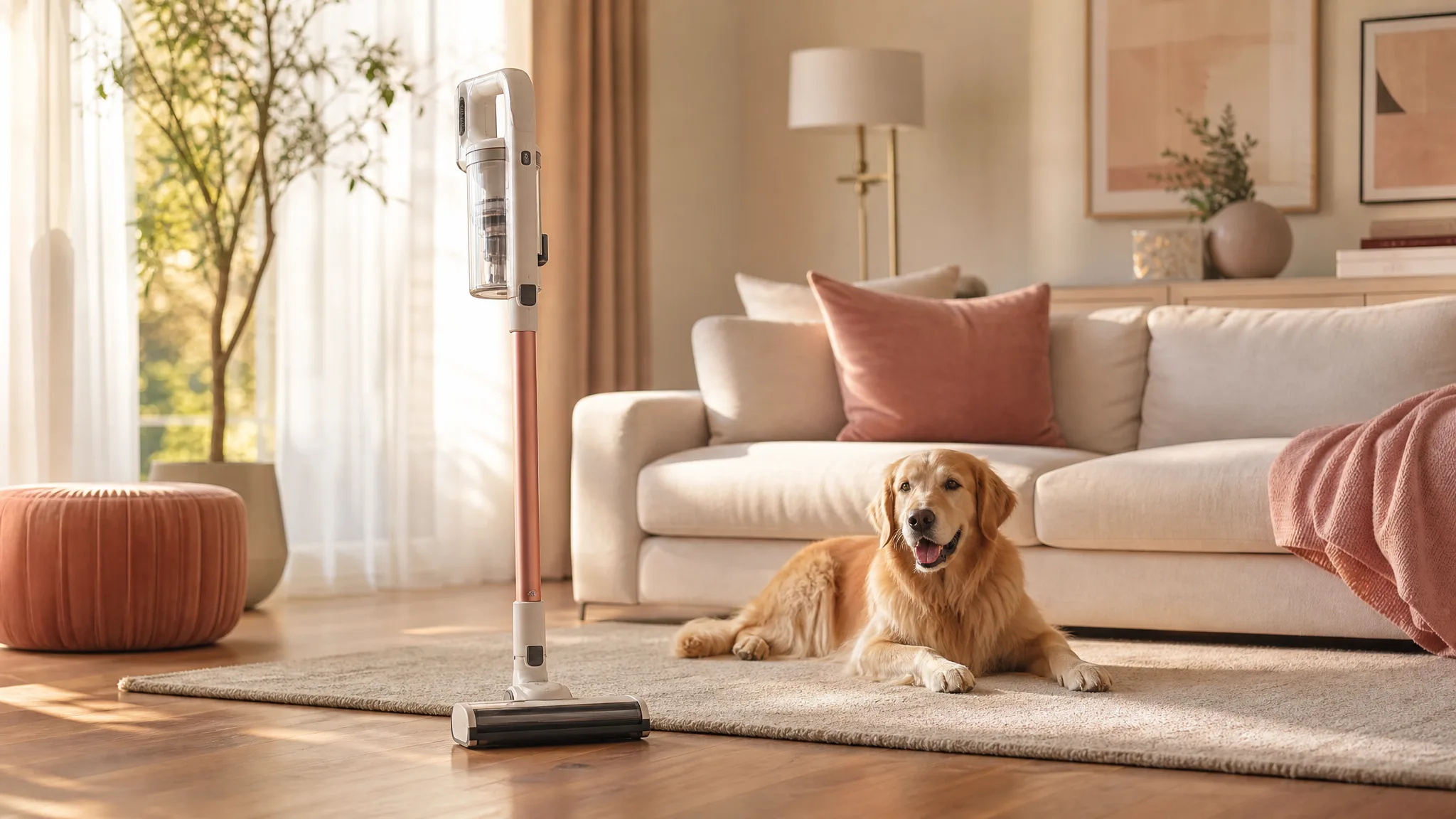 A lightweight cordless stick vacuum standing upright in a sunlit living room with a dog resting on a rug nearby