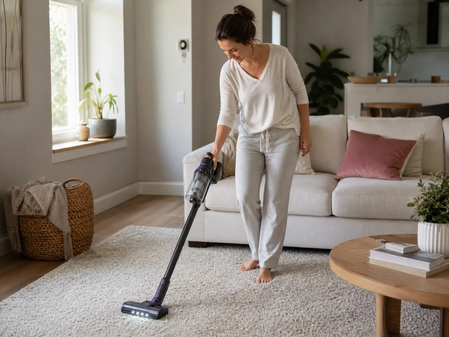 A woman vacuuming a rug with a lightweight cordless stick vacuum in a bright modern living room