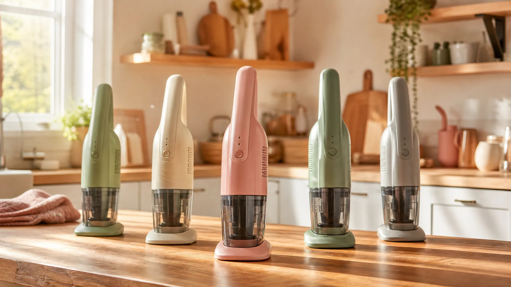 A row of small handheld vacuums standing upright on a warm wooden kitchen counter in soft morning light