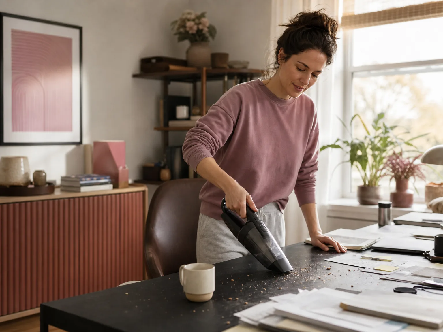 Woman in her early thirties running a small handheld vacuum over a home office desk scattered with paper and crumbs, warm daylight from a nearby window