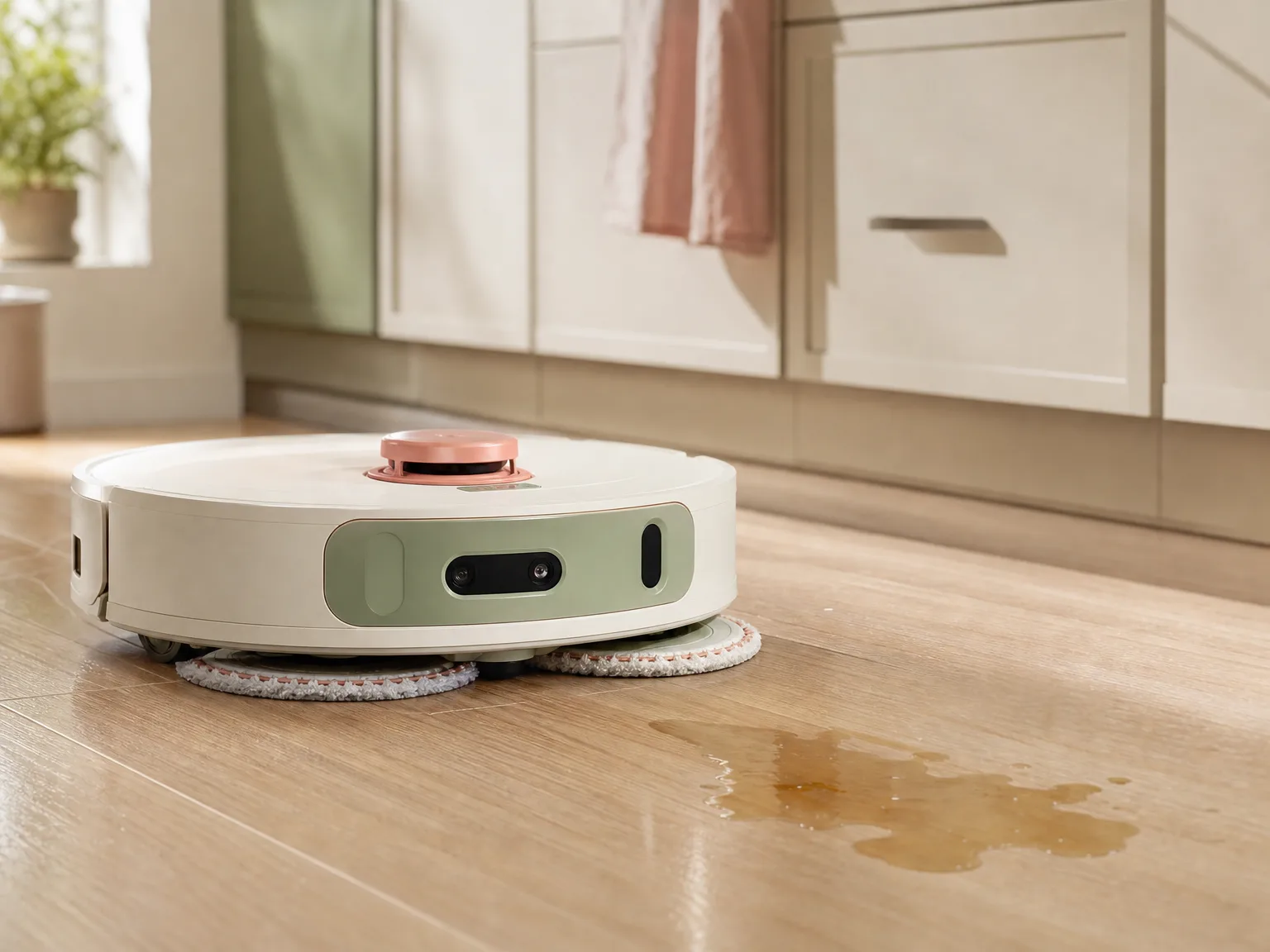 Close-up of a generic robot mop cleaning a light wood kitchen floor