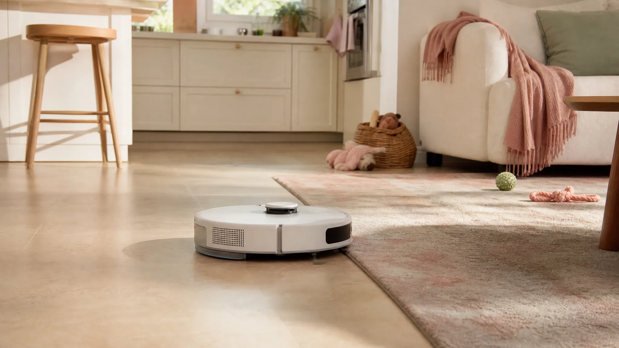 A robot vacuum and mop cleaning between a kitchen and living room