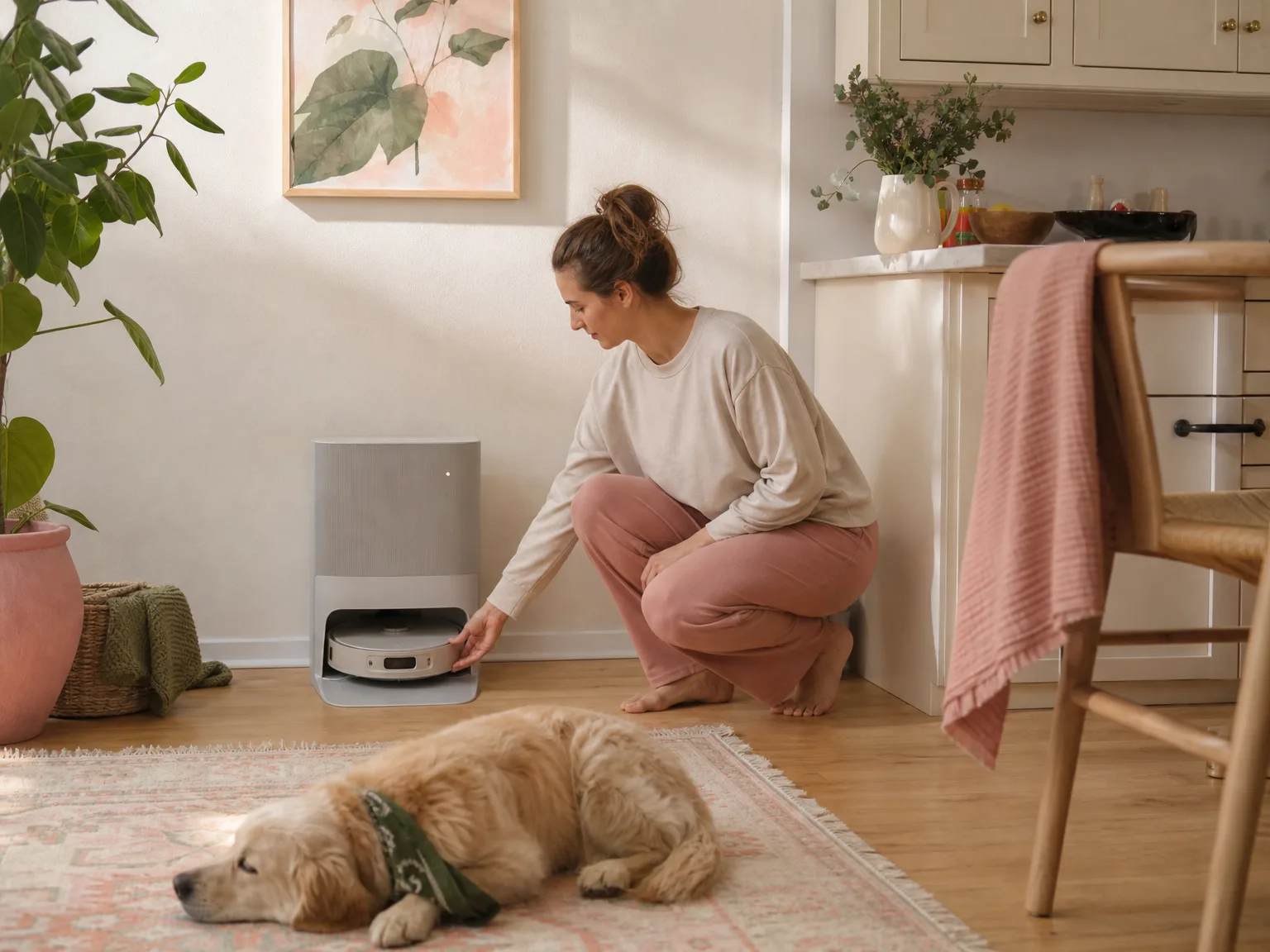 A homeowner checking a robot cleaning station in a warm kitchen