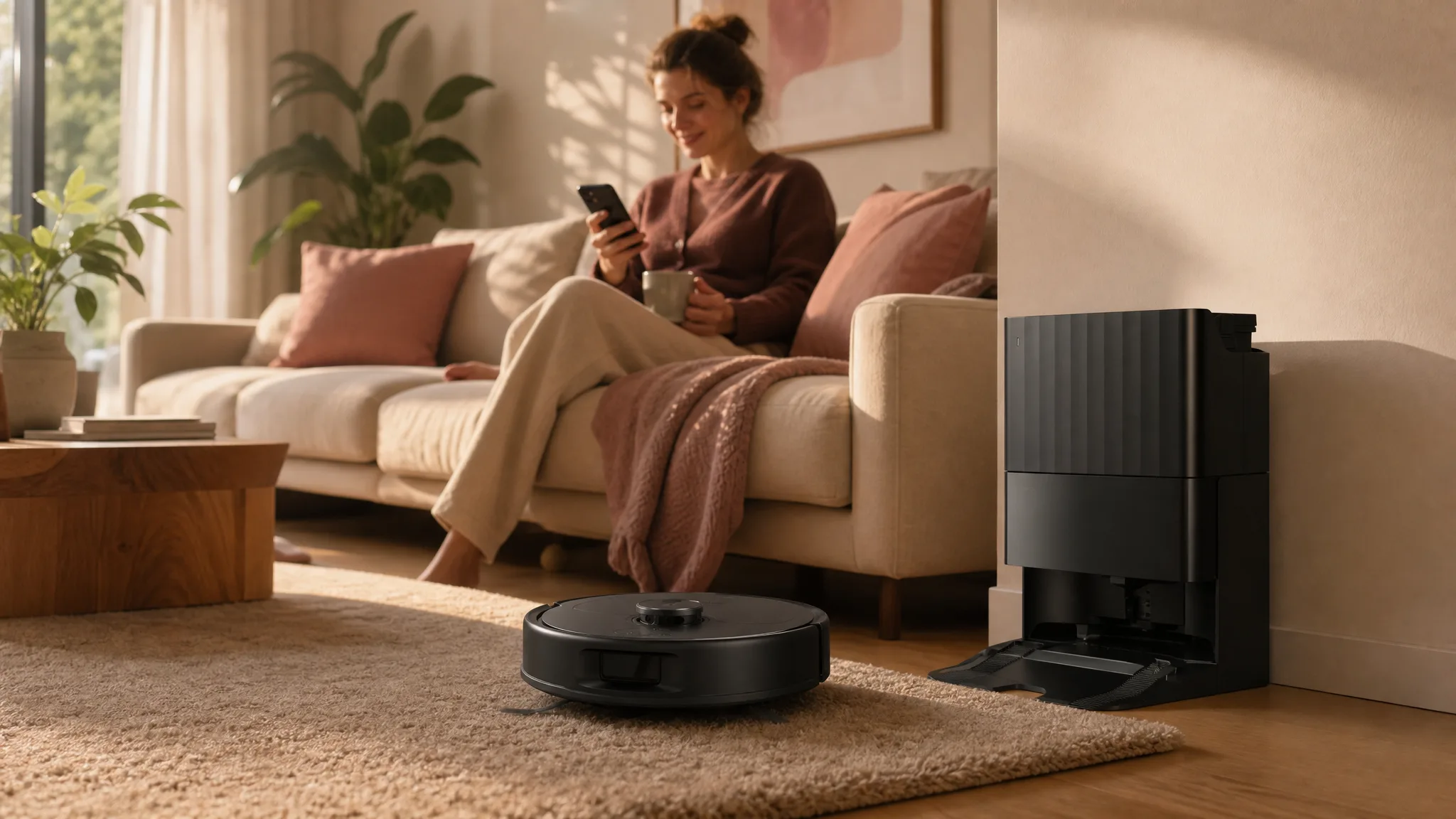 A modern living room with warm morning light, a robot vacuum gliding across a rug while a woman relaxes on a cream sofa with coffee and her phone