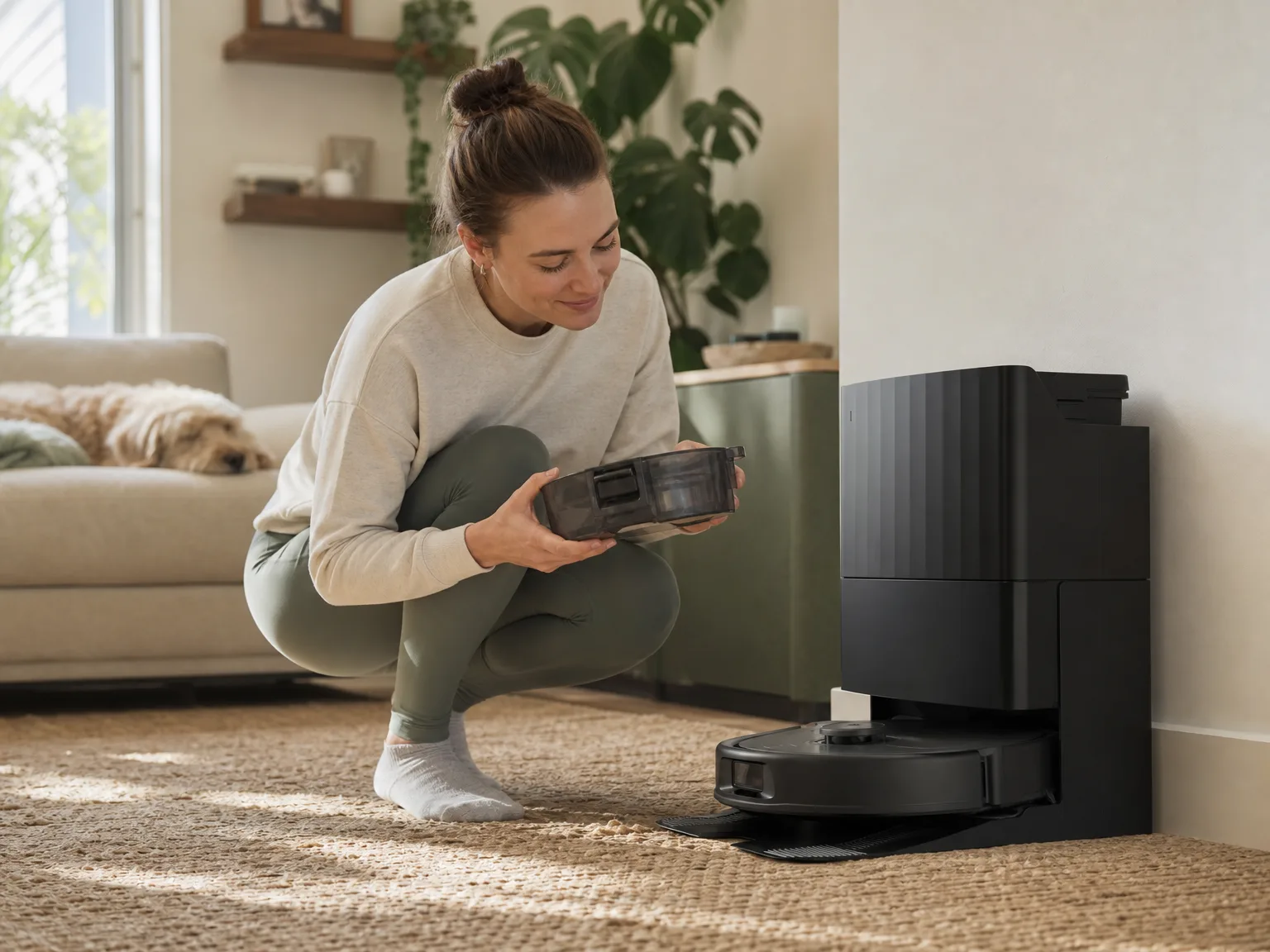 A woman kneeling on a warm-toned rug in a bright living room, inspecting a robot vacuum's dust bin with a satisfied expression, dog sleeping on the sofa behind her